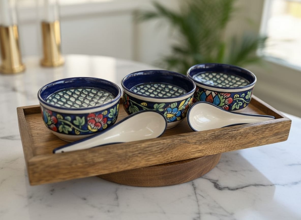 Ceramic Bowl & Spoon Set with Wooden Tray